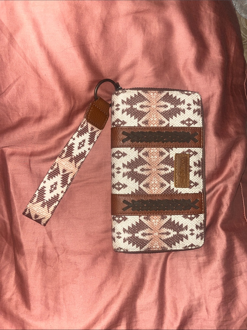 Wrangler Aztec Print Wristlet Wallet in White, Brown, Tan